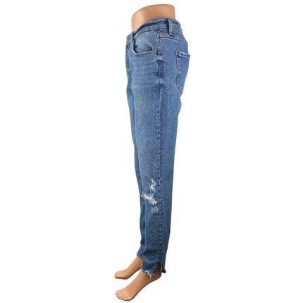 Kensie Vintage Luxe Womens Blue Distressed High Rise Slim Straight Denim Jeans 8