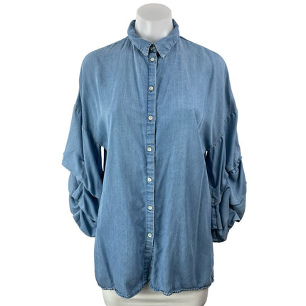 Zara Women's Blue Long Sleeve Ruched Denim Jean Button Down Shirt Top Size M