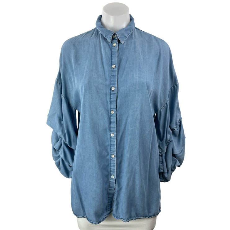 Zara Women's Blue Long Sleeve Ruched Denim Jean Button Down Shirt Top Size M
