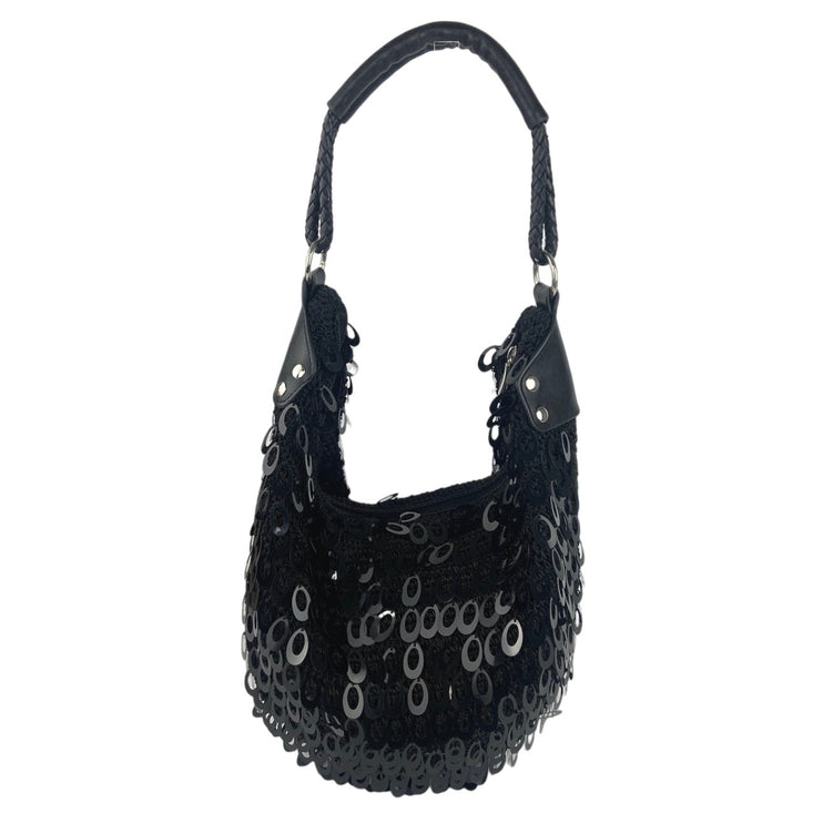 Women's Black Crochet Droplet Sequins Zipper Evening Party Hobo Shoulder Bag