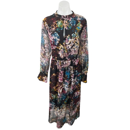 WhoWhatWear Black Multicolor Floral Mock Keyhole Neck Long Sleeve Midi Dress 14W