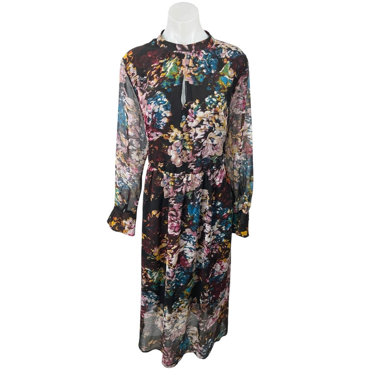 WhoWhatWear Black Multicolor Floral Mock Keyhole Neck Long Sleeve Midi Dress 14W