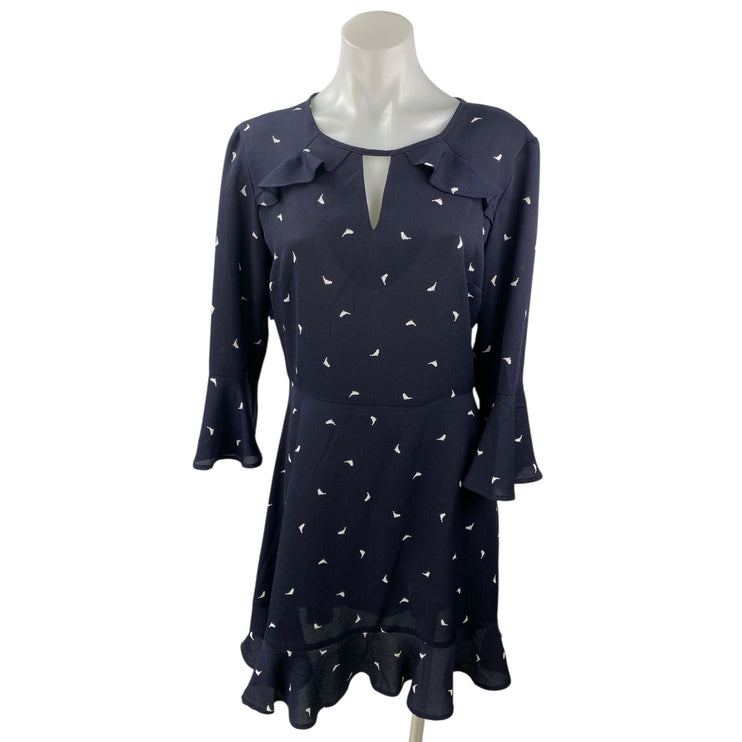 Xhilaration Blue Bird Print Ruffle Keyhole Long Sleeve Mini Flare A-Line Skirt M