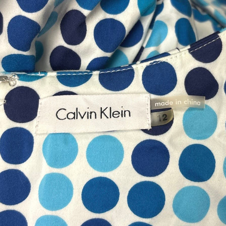 Calvin Klein Blue Polka Dot Print Sleeveless Tie Belt Square Neck Dress Size 12