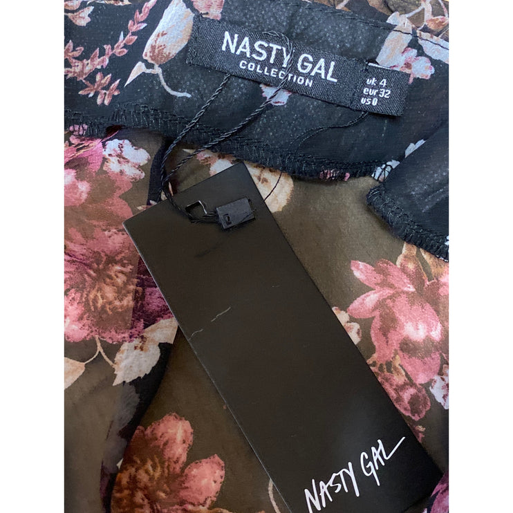 NEW Nasty Gal Black Floral Long Bell Sleeve Sheer Mesh V Neck Blouse Top Size 0
