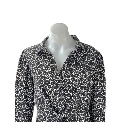 Topshop Black Floral Button Collared Bow Front Long Sleeve Mini Shirt Dress Sz 8