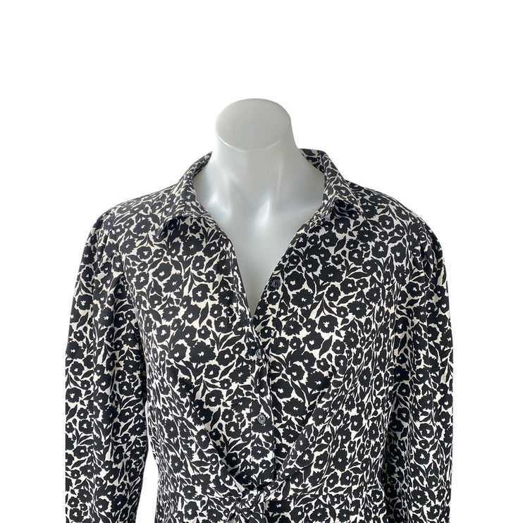 Topshop Black Floral Button Collared Bow Front Long Sleeve Mini Shirt Dress Sz 8