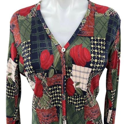 Plisse Red Corduroy Floral Patchwork Long Sleeve Button Up Blouse Top Size L