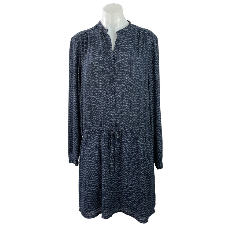 Hilary Radley Navy Blue Geometric Leaf Print Long-sleeve Blouson Midi Dress Sz L
