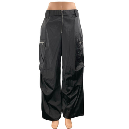 Zara Women's Black Gigh Waisted Zip Up Windbreaker Baggy Wide Leg Cargo Pants M