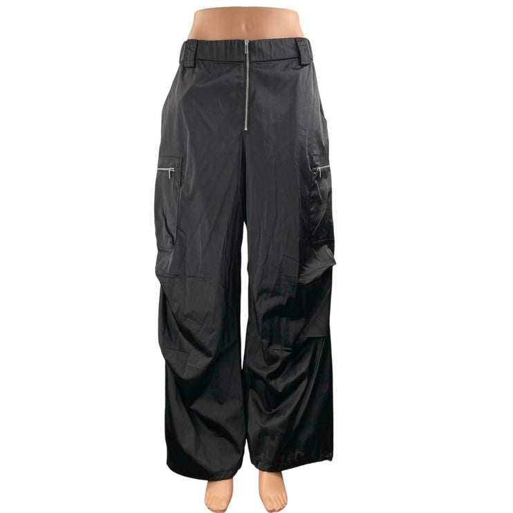 Zara Women's Black Gigh Waisted Zip Up Windbreaker Baggy Wide Leg Cargo Pants M