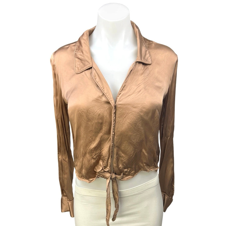 Aritzia Wilfred Brown Silk Satin Long Sleeve Collared Tie Hem Crop Top Size XXS