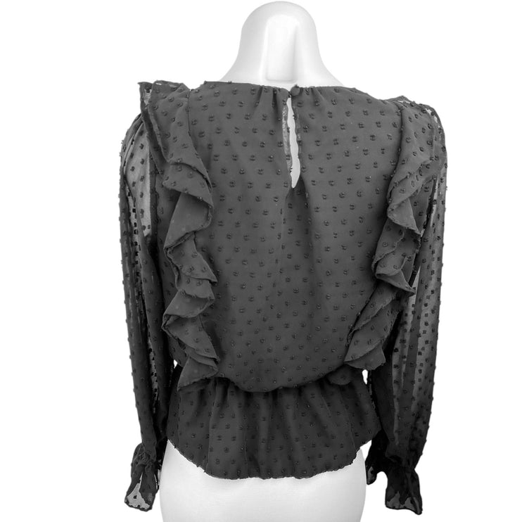 CeCe Black Long Sleeve Ruffle Frilly Elastic Waist Peplum Victorian Blouse Top S