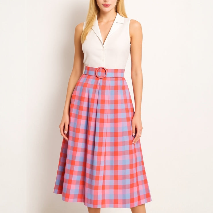 Barbie x Modcloth So Plaid It's Good Pink Pleated Belted A Line Midi Skirt Sz 26