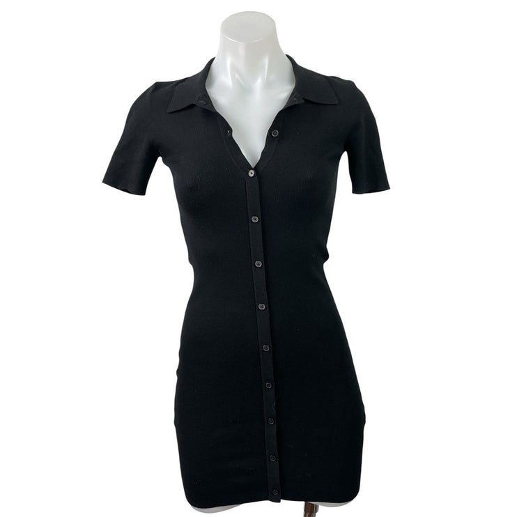 Aritzia Sunday Best Black Short Sleeve Rib Knit Button Up Mini Bodycon Dress 2XS