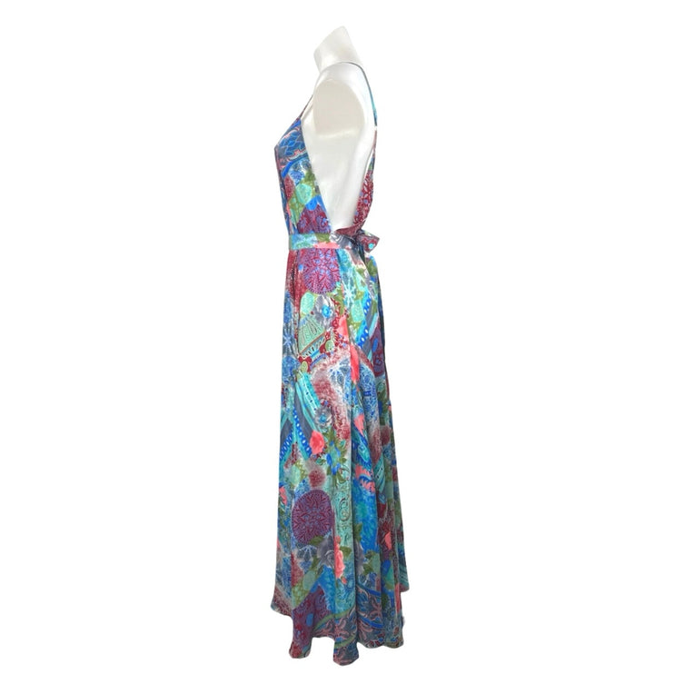 Advance Multicolor Silk Floral Paisley Deep V Neck Sleeveless A Line Maxi Dress
