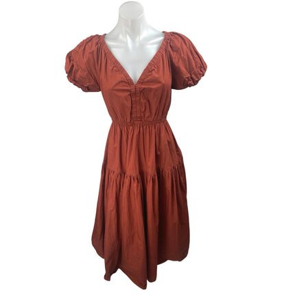 Moon River Women Brown Short Puff Sleeve V Neck Tiered A Line Midi Dress Size S
