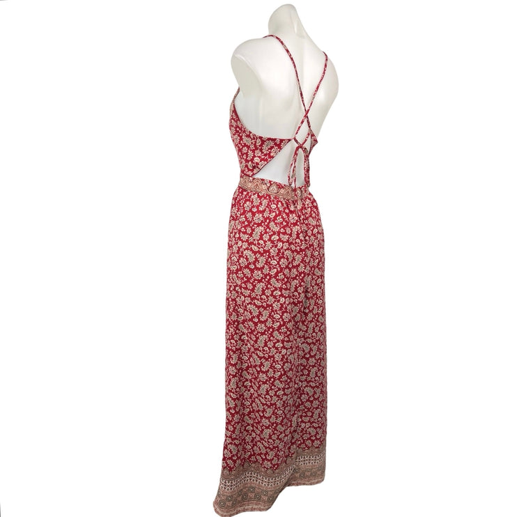 Forever 21 Red Jacquard Floral V Neck Crossback Boho A Line Maxi Sun Dress Sz S