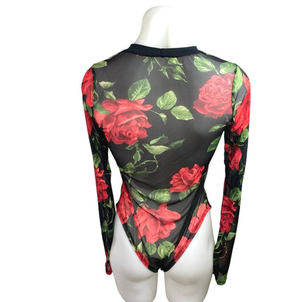 Teenbell Black Red Floral Mesh Sheer Long Sleeve High Neck Bodysuit Top One Size