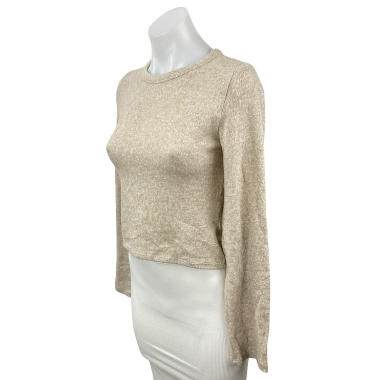 NEW Zara Women's Beige Long Sleeve Crew Neck Knit Slim Crop Sweater Top Size M