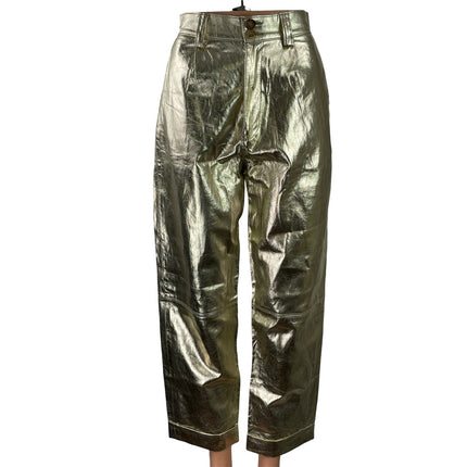 Zara Womens Gold Metallic High Rise Wide Leg Barrel Baggy Trousers Pants Size XS