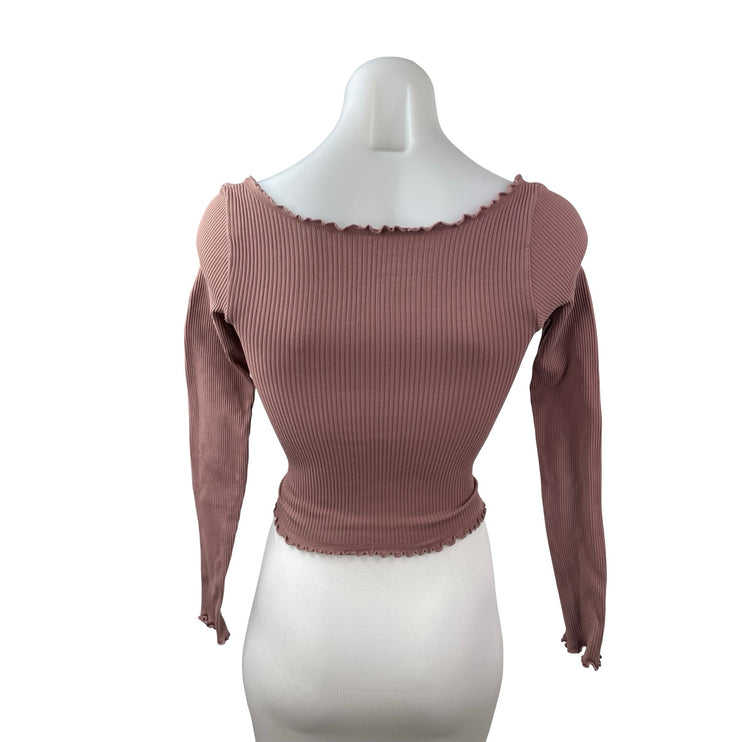 Free People FP Movement Nude Pink Lettuce Rib Knit Long Sleeve Crop Top Sz XS/S