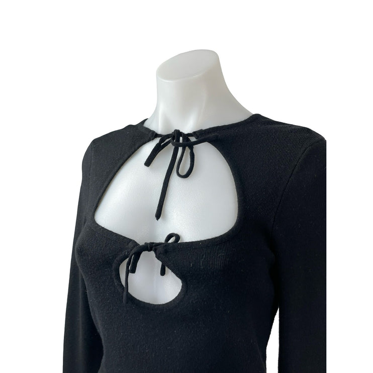 Majorelle Hailey Black Tie Front Cutout Ribbed Knit Long Sleeve Sweater Top Sz M