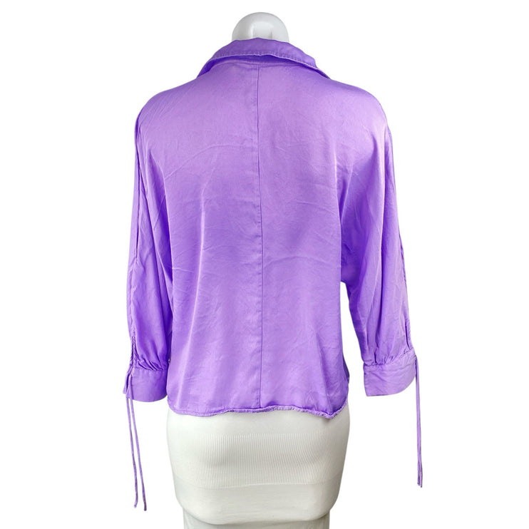 Zara Women's Purple Collared 3/4 Tie Sleeve Button Down Crop Blouse Shirt Top S
