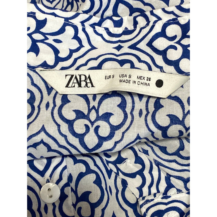 Zara Women's Geometric Long Sleeve Button Up Rope Belt Mini A-Line Shirt Dress S