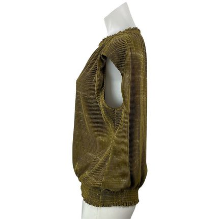 NEW Democracy Olive Green Short Cap Sleeve Ruffle Pleated Blouse Top Size M