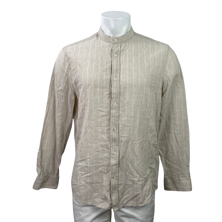 Dan John Men's Beige Linen Striped Long Sleeve Mock Neck Button Down Shirt XXL
