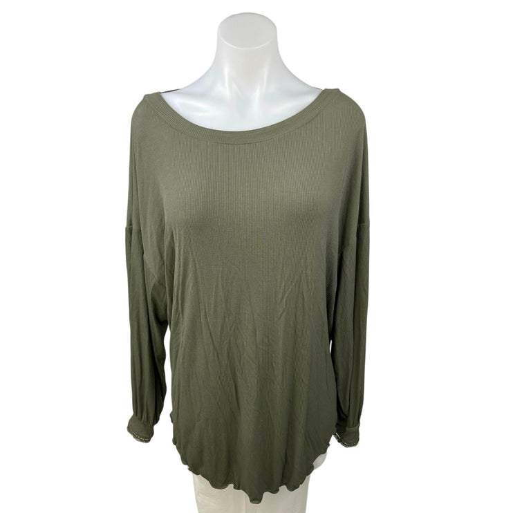 Free People Army Green Low Open Back Long Sleeve Shimmy Shake Blouse Top Size S