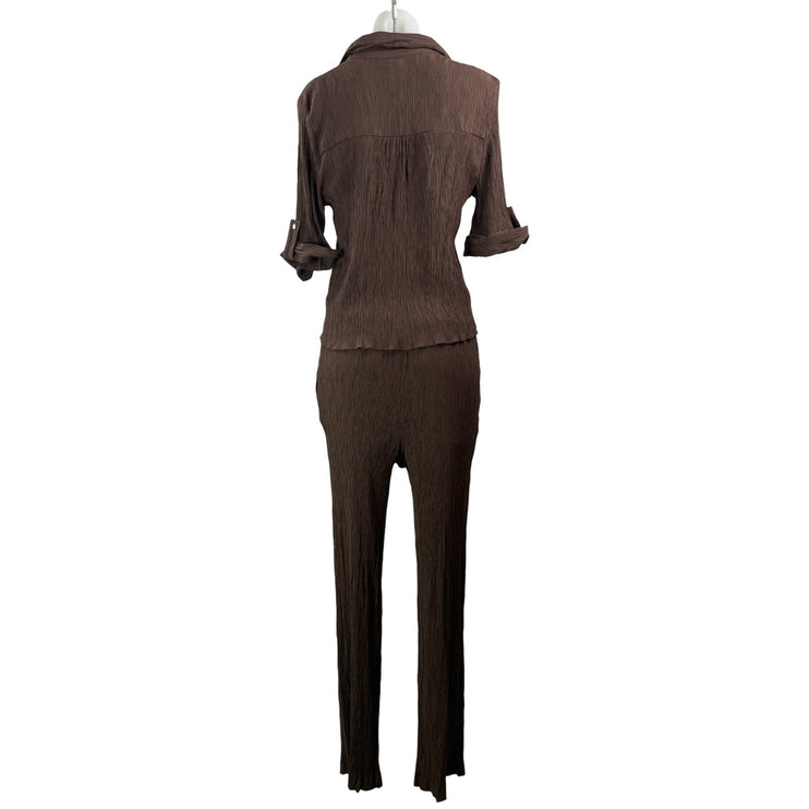 Zara Brown 3/4 Sleeves Button Down Shirt & Lounge Trouser Pants 2 Pieces Sets M