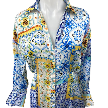 Zara Multicolor Patchwork Floral Long Sleeve Button Down Shirt Mini Dress Sz XS