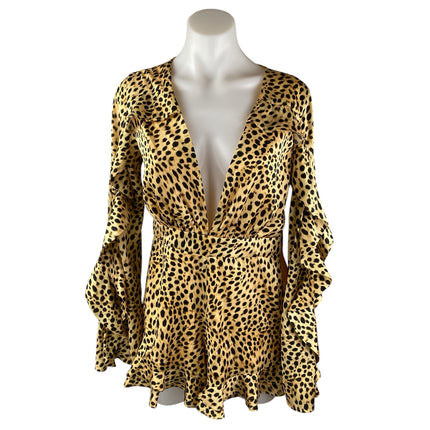 Majorelle Devon Cheetah Leopard V-neck Long-sleeve Ruffle Jumpsuit Romper Size S