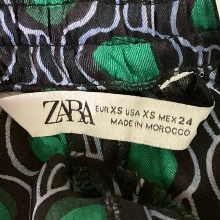 Zara Green Black High Rise Elastic Waist Pull On Drawstring Wide Leg Pants Sz XS