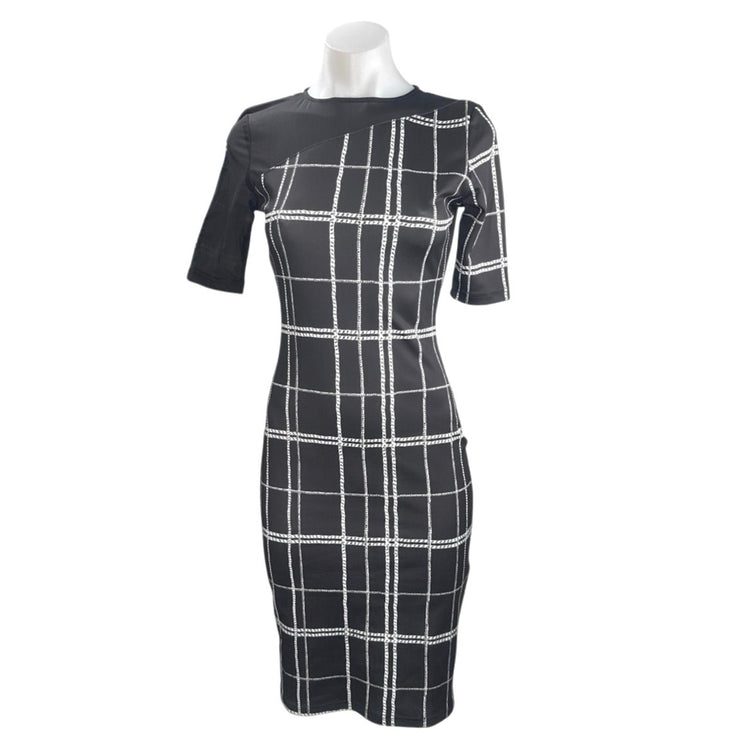 MDS Women's Black Plaid Check Short Sleeve Midi Sheath Pencil Bodycon Dress Sz S