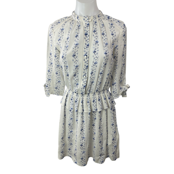 Club Monaco White Blue Silk Floral Mock Neck Long Sleeve Mini A-Line Dress Sz 0