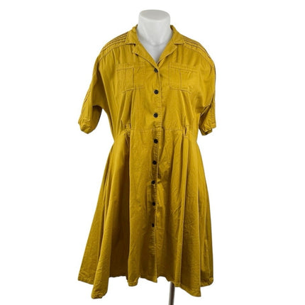 Tatyana All Aboard Yellow Embroidery Button Up Midi Flare A-Line Shirt Dress 3XL