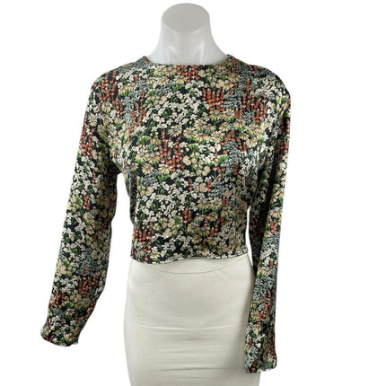 H&M Women's Satin Floral Crew Neck Keyhole Back Long Sleeve Crop Blouse Top Sz S