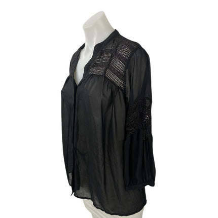 Vila Women's Black Lace Eyelet Long Sleeve Mesh Button Down Blouse Top Size M