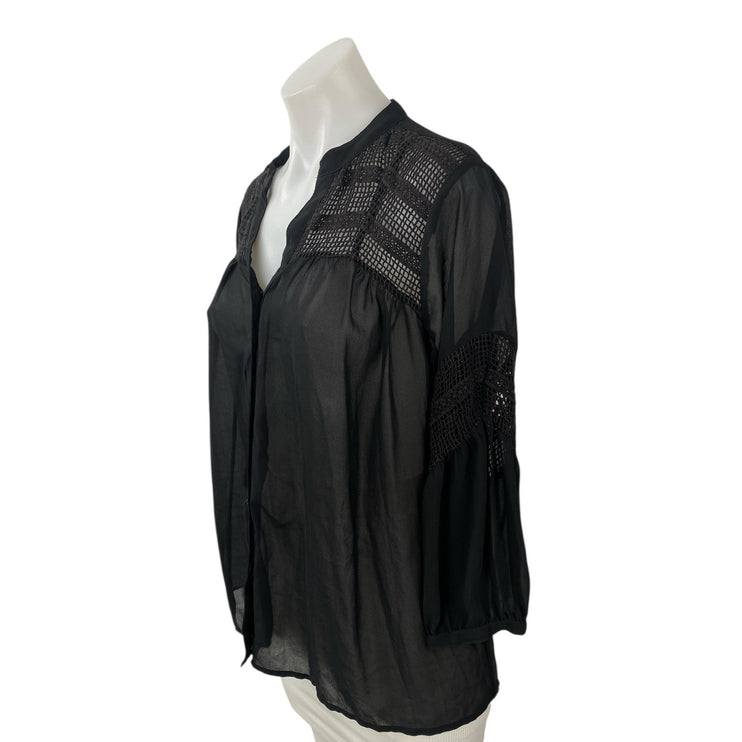Vila Women's Black Lace Eyelet Long Sleeve Mesh Button Down Blouse Top Size M