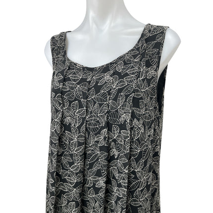 Max Studio Black Leaf Print Pleated Sleeveless Midi A-Line Tank Dress Size L