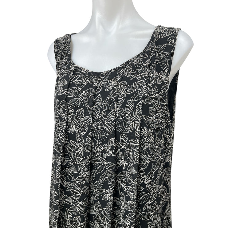 Max Studio Black Leaf Print Pleated Sleeveless Midi A-Line Tank Dress Size L