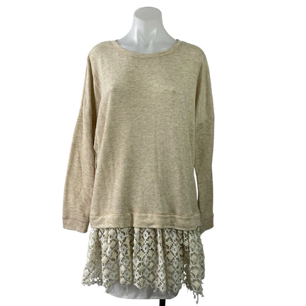 Free People Shake It Cream Crochet Lace Hem Beach Pullover Sweater Tunic Top M/L