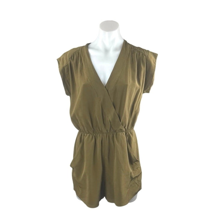 Aritzia Babaton Corbett 100% Silk Green V Neck Cap Sleeve Wrap Romper Jumpsuit S