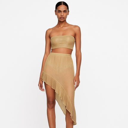 NEW Beach City Gold Metallic Ruffle Assymetric Skirt & Bandeau Tube Top Set Sz S
