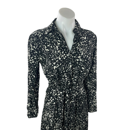 Stradivarius Black White Long Sleeve Speckled Dot V Neck A Line Midi Dress Sz S