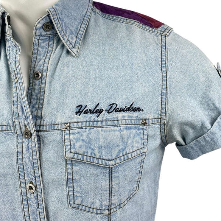 Harley Davidson Women's Upcycled Short Sleeve Graphic Print Denim Jean Shirt Top