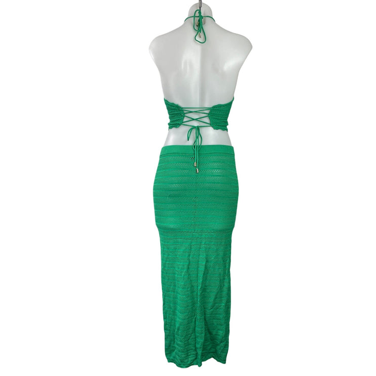 AFRM Green Halter Open Knit Sleeveless Crop Top Midi Skirt Two Piece Set Size S